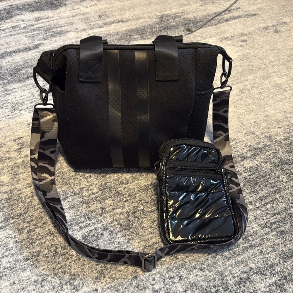 Black Mini Commuter Sling Bag with Camouflage Strap and Cell Phone Holder